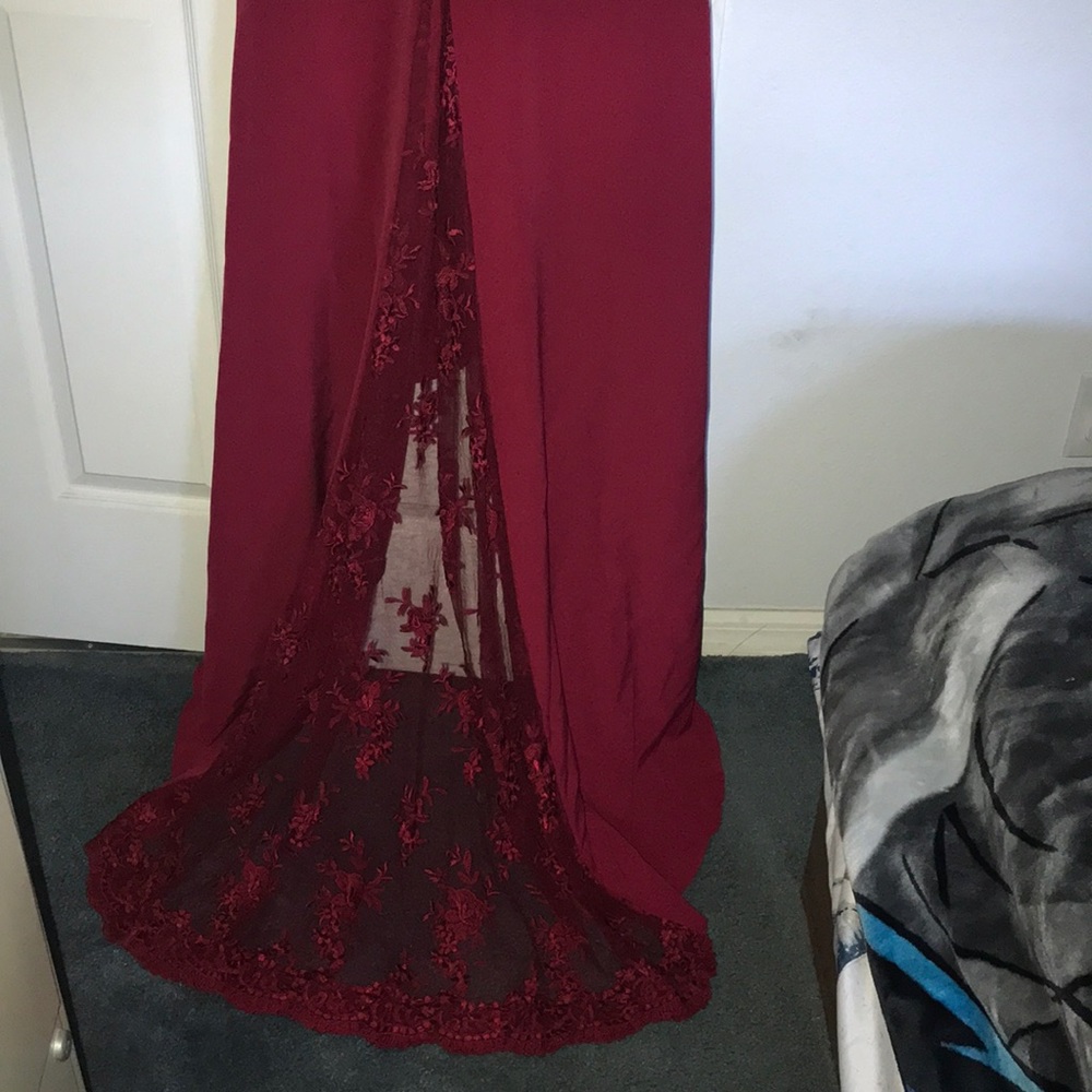Burgundy Prom Dress with long train in the back